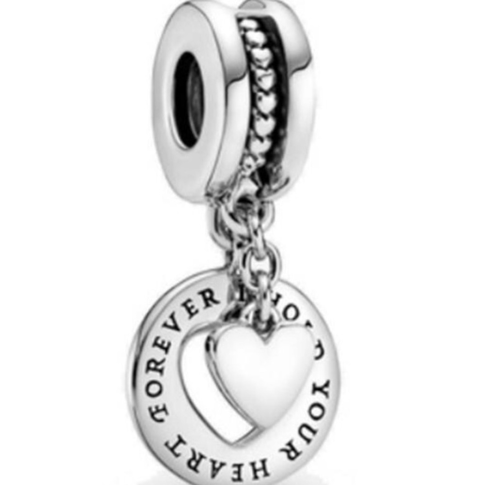 Pandora Sterling silver heart dangle charm engraved "FOREVER I HOLD YOUR HEART"